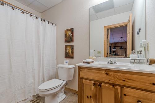 a bathroom with a toilet and a sink and a mirror at Romantic Tip Top Hideaway, 10 MINUTE FROM HELEN WATER TUBING, BOOK 2 NIGHTS GET 1 NIGHT FREE in Stovall Mill