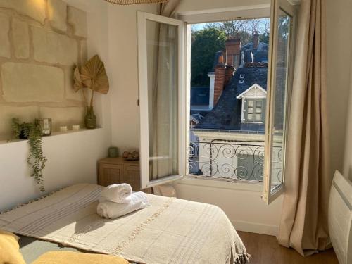 une chambre avec un lit et une grande fenêtre dans l'établissement Duplex cinéma - centre historique Tours, à Tours