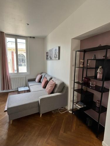 - un salon avec un canapé et une étagère dans l'établissement Pink Cosy, à Louviers