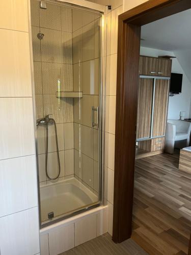 una ducha con puerta de cristal en un baño en Klemensówka, en Krynica-Zdrój