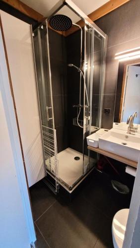 une salle de bain avec douche et lavabo dans l'établissement Résidence Dome De Polset - VAL THORENS location: studio rénové et ensoleillé avec vue sur les montagnes MAE-9125, à Val Thorens
