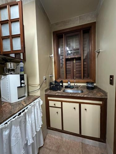 a kitchen with a sink and a microwave at Temporada Retiro do Chalé Brumadinho MG in Brumadinho