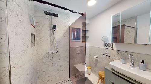 a bathroom with a shower and a toilet and a sink at CozyWork Apartment House in Hohenmölsen