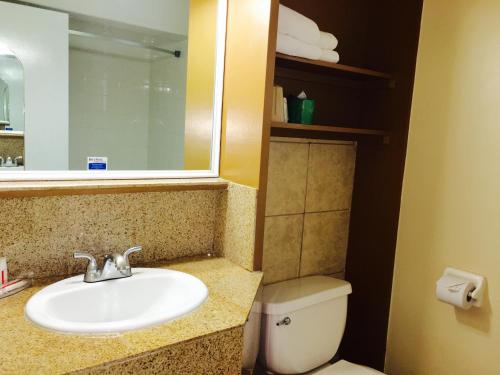 a bathroom with a sink and a toilet at Pelican Inn in Monterey