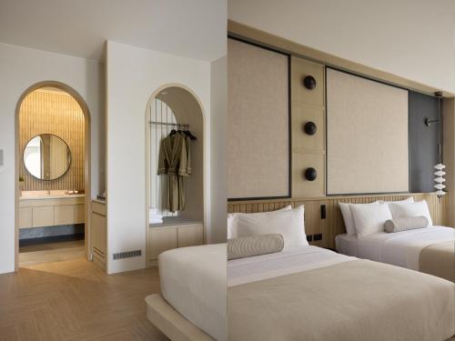two images of a bedroom with two beds and a mirror at Arco Phuket Town in Phuket Town