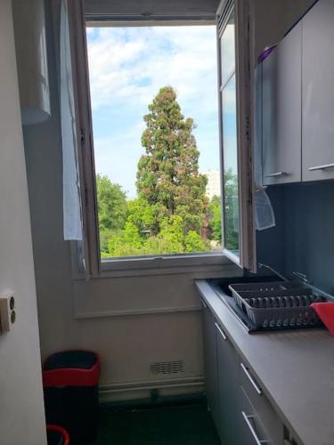 - une vue sur un arbre depuis la fenêtre de la cuisine dans l'établissement 19eme studio, à Paris