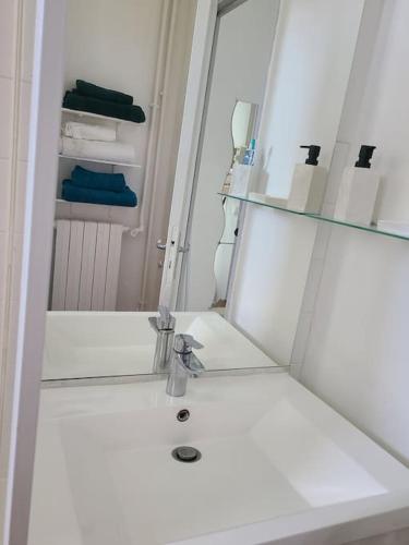 une salle de bain avec un lavabo et un miroir dans l'établissement 19eme studio, à Paris
