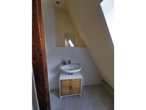 a bathroom with a sink and a mirror at Holiday apartment mountain idyll in Hänischmühle