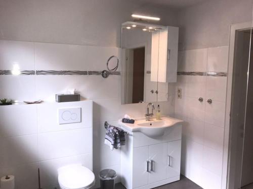 Un baño blanco con inodoro y lavabo. en Holiday apartment village view, en Waldeck