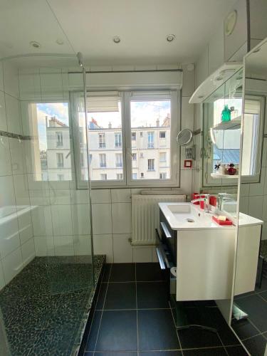 une salle de bain avec douche et lavabo dans l'établissement Appartement avec terrasse, à Paris