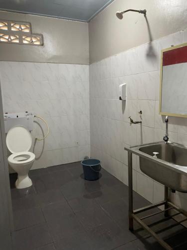 Un baño con inodoro, lavabo y espejo. en Hj Hassan Guest House- Studio Unit, en Kuala Terengganu