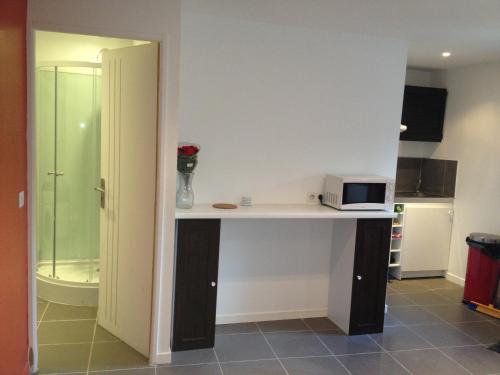 une cuisine avec un comptoir avec un micro-ondes dessus dans l'établissement S2-gite sevin, à Saint-Forget