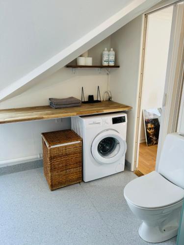 a bathroom with a washing machine and a toilet at Cozy 2-room Apartment in Aarhus
