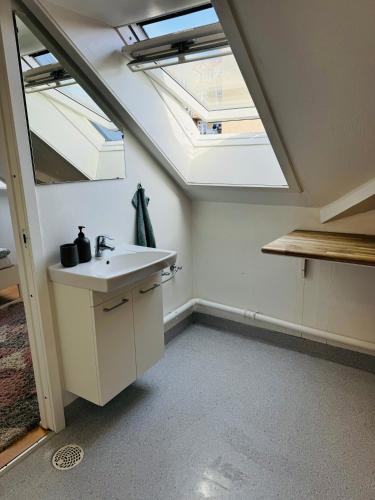 a bathroom with a sink and a skylight at Cozy 2-room Apartment in Aarhus