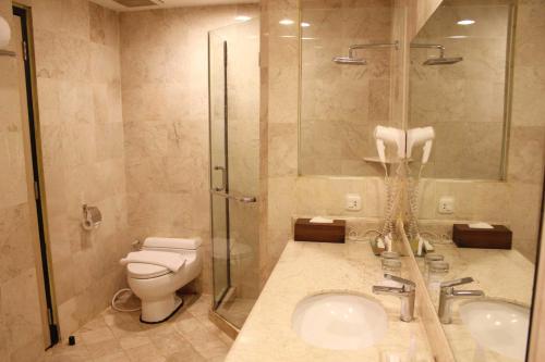 uma casa de banho com um WC, um chuveiro e um lavatório. em Hotel Ebony Batulicin em Batulicin