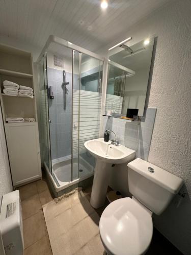 une salle de bain avec toilettes, lavabo et douche dans l'établissement Studio Brin Damour, à Sillans-la-Cascade