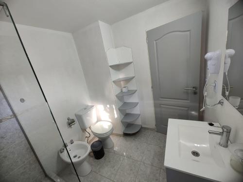 a white bathroom with a toilet and a sink at Sol de montaña, Bariloche. in San Carlos de Bariloche