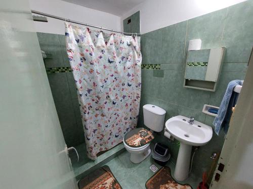 a bathroom with a shower and a toilet and a sink at Alojamiento Juana in Puerto Iguazú