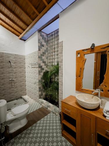 a bathroom with a sink and a toilet and a mirror at Villa Bukit Sing Sing in Singaraja