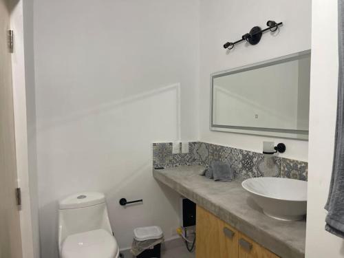 a bathroom with a sink and a toilet and a mirror at MaderoAzul in La Paz