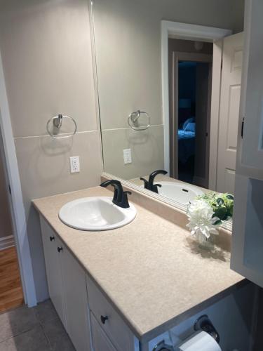 a bathroom with a sink and a mirror at University Manor in Moncton