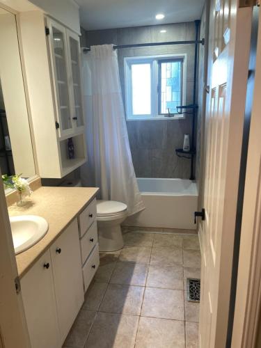 a bathroom with a sink and a toilet and a shower at University Manor in Moncton