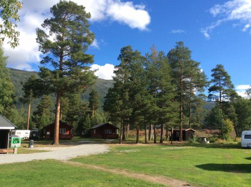 a view of a campsite with trees and a van at Furuly Camping in Nordberg