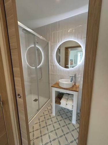 une salle de bain avec une douche, un lavabo et un miroir dans l'établissement L écrin du Questel, à Nîmes
