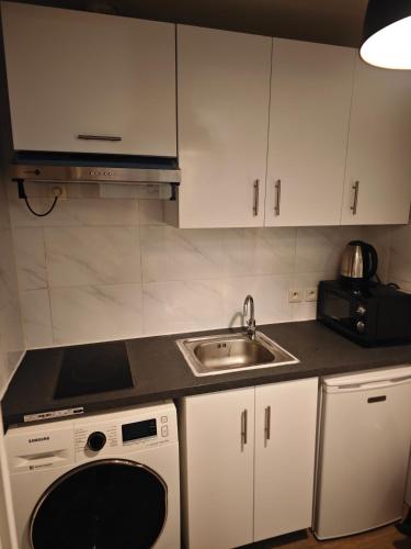 une cuisine avec un évier et un lave-vaisselle dans l'établissement Le Jarry à Gare de l'Est, à Paris