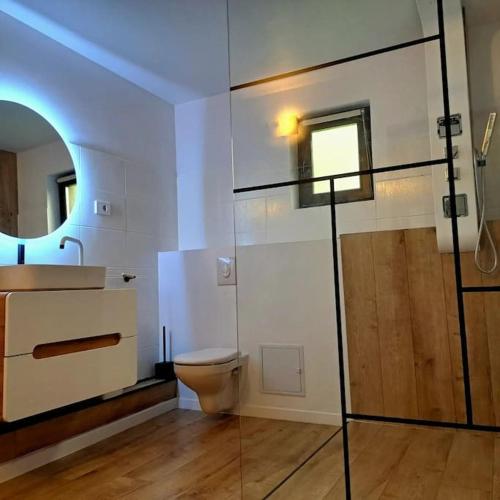 a bathroom with a toilet and a mirror at Ach Residence in Răcăciuni