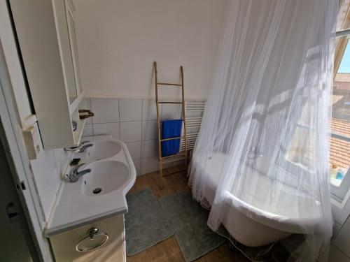 une salle de bain avec un lavabo et un rideau de douche dans l'établissement La Citadelle Médiévale - Appartement, à Béziers
