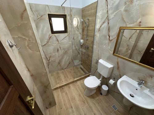 a bathroom with a shower and a toilet and a sink at Casa Maria Arges in Piteşti