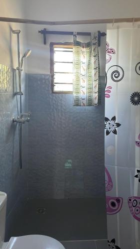 a bathroom with a shower with a toilet and a window at Samaki Villa in Watamu