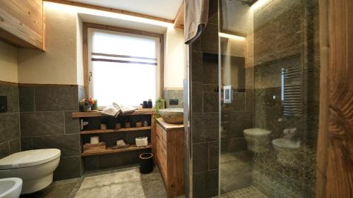 a bathroom with a toilet and a glass shower at Alpine Suite - Cervinia in Breuil-Cervinia