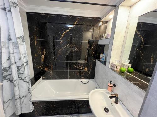 a bathroom with a tub and a sink and a shower at Viktor Deluxe in Gotha