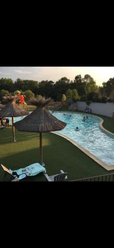 - une grande piscine avec des parasols dans l'établissement Le chalet fleuri aux 4 saisons, à Cazilhac