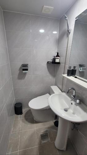 a bathroom with a white toilet and a sink at Hanyang Healing House - 외국인 전용 in Seoul