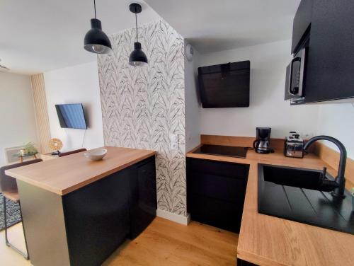 une cuisine avec un évier et un plan de travail dans l'établissement Les reflets de Rivage avec garage privatif - 350m plage, à Concarneau