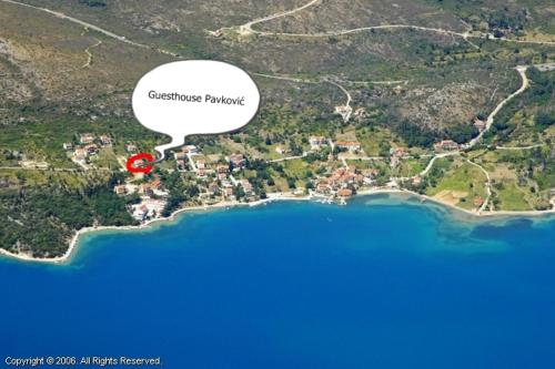 a map of a house with a bubble saying guest house plantation at Guest House Pavkovic in Slano