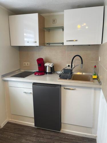 a small kitchen with white cabinets and a sink at Ferienapartment Helena in Trier