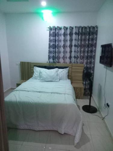 a bedroom with a large bed and a curtain at Molayo Luxury Apartment Omolayo Estates Akobo Ojurin Ibadan in Ibadan