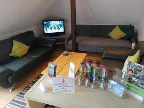 a living room with a couch and a table with books at Ferienwohnungen Viersen in Viersen