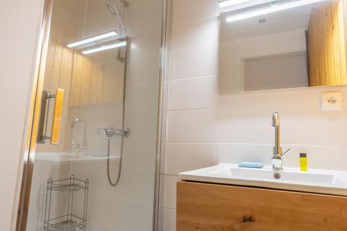 une salle de bain avec douche et lavabo dans l'établissement Charmant studio Vars - un cocon de bien-être, à Vars