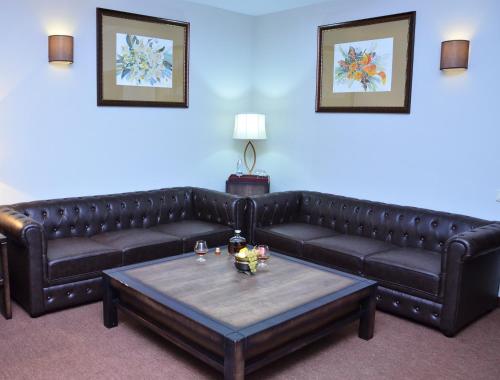 a living room with a leather couch and a coffee table at Boutique Hotel Argo in Kutaisi