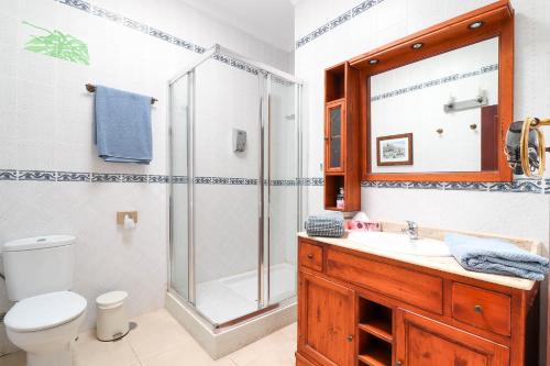 a bathroom with a shower and a toilet and a sink at Casa Aloe in Teseguite