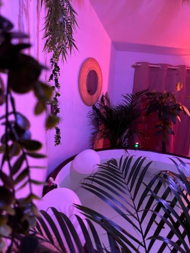 une chambre violette avec un canapé et quelques plantes dans l'établissement jacuzzi exotique cinéma, à Sainte-Geneviève-des-Bois