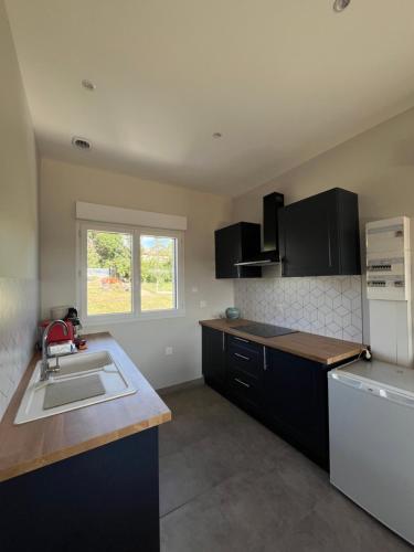 - une cuisine avec des armoires noires et un réfrigérateur blanc dans l'établissement Gites de Landuziere, 6 couchages, à Saint-Genest-Lerpt