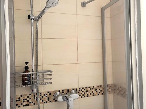 a shower with a glass door in a bathroom at FeWo Bergblick - Oberwiesenthal in Kurort Oberwiesenthal