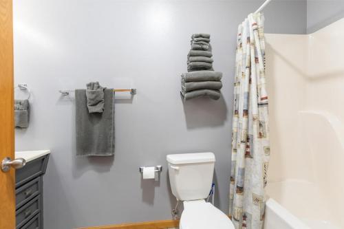 a white bathroom with a toilet and a shower at Artilla Cove Cabin 8- Lakeview- BBQ Area- Pool in Branson