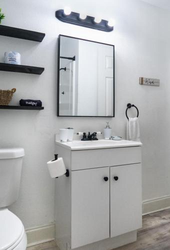 a white bathroom with a sink and a mirror at Cozy Home near Busch Gardens Adventure Island and USF in Tampa